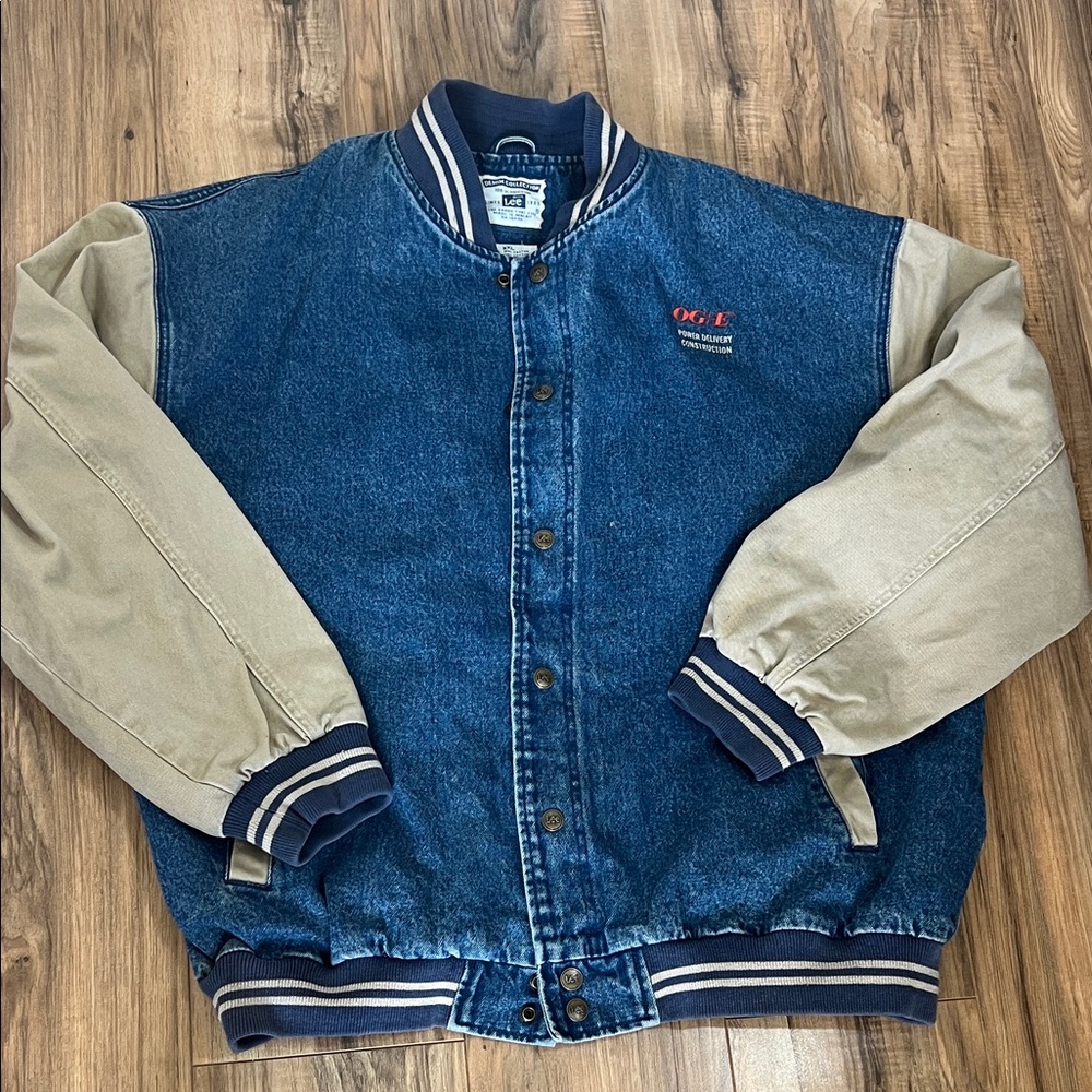 VTG Lee Denim & Beige Bomber Jacket with"OGE"& "POWER DELIVERY CONSTRUCTION" XXL - Picture 1 of 10